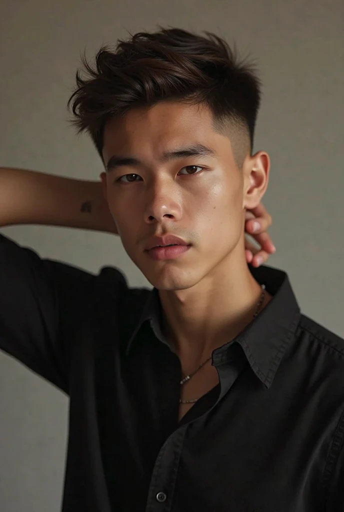 a half-muscled white teenager with half-hairy black hair from tiktok, outgoing and loyal and rich