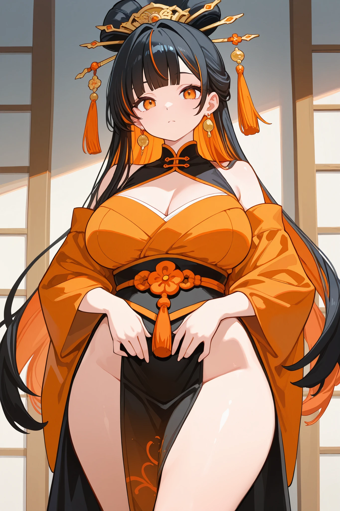 General appearance:
- Hair: long, black and wavy with orange tips. Part of the hair is tied up with a big red bow., with orange ornaments on the back of the head, falling gracefully over the shoulders and back.
- Eyes: grandes e expressivos, bright pink color, with a seductive look that mixes sweetness and mystery.
- First: Soft and pale, highlighting the character's youth and delicacy.
badass clothing:
- Kimono: traditional japanese, light pink color, with white geometric details.
- Upper part: Leaves shoulders and a generous neckline exposed, with long, wide sleeves that add a touch of elegance and sensuality.
- Bottom: Fitted to gracefully reveal legs, with the fabric opening gently to highlight the thighs and suggest curves.
- Heart: rot, complemented by a golden bow that stands out at the waist and accentuates your curves.
Accessories:
- Bow and Adornments: A large red bow holds part of the hair, accompanied by orange adornments on the back of the head.
- Object in Hand: In the right hand, She holds a thin, red object, como uma fita ou lanyard, which adds an element of delicacy and suggestiveness to the pose.
Poses and Environment:
- Pose: Sitting sideways on a luxurious chaise longue, with a posture that suggests confidence and charm.
- Legs: One leg bent and the other extended, with the kimono slightly open to reveal the softness of the skin and highlight your curves.
-Hands: The right hand holding the ribbon/lanyard, and the left hand resting lightly on the bent knee.
- Face: Slightly tilted downwards, with a serene expression and a slight seductive smile on his lips.
scenario:
- Environment: An elegant traditional Japanese lounge, with luxurious elements.
- Furniture: A padded chaise longue with gold ornamental details and silk cushions.
- Floor: Japanese traditional tatami, complemented by delicate silk rugs.
- Walls: Translucent shoji panels,