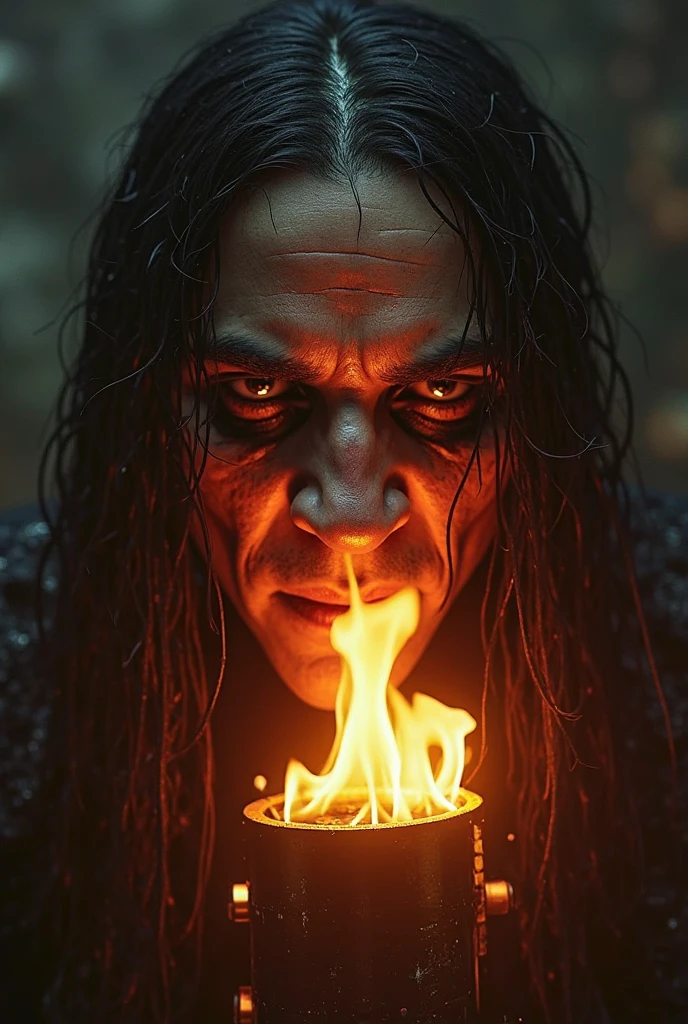 A dramatic, cinematic close-up of a demon and Satan with terrifying, horrifying faces. Their grotesque features are illuminated by eerie, flickering hellfire. The demon's skin is cracked and charred, with malevolent, glowing eyes, while Satan's face is twisted with rage and pain, horns spiraling from his forehead. The background is a chaotic inferno, filled with shadows and flickering flames, enhancing the sense of cosmic dread and apocalyptic horror.