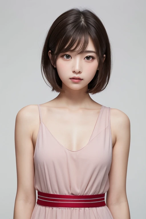 (Best image quality)、Extremely realistic capture、19-year-old Japanese female、Highly detailed eye resolution、cute、bob hair、Has bangs、show me your armpits、sleeveless dress、white background、natural light、translucent white skin、orange makeup、The side of my hair hangs over my cheek, full body shot