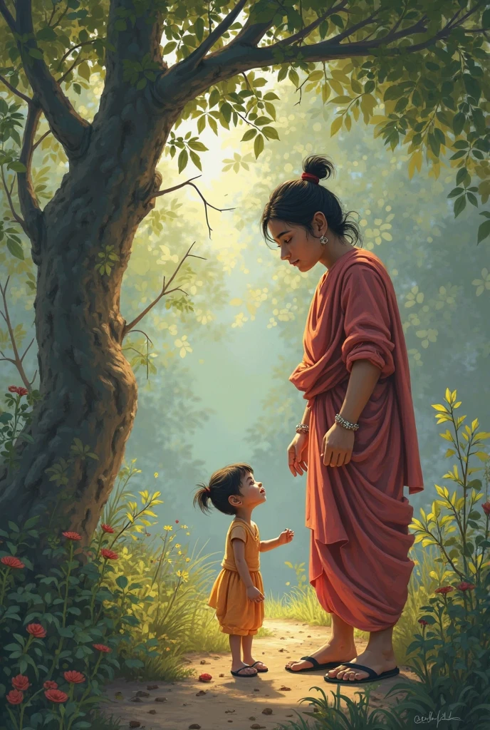 Bald Girl with red saree with a girl baby in a smile in by walk
