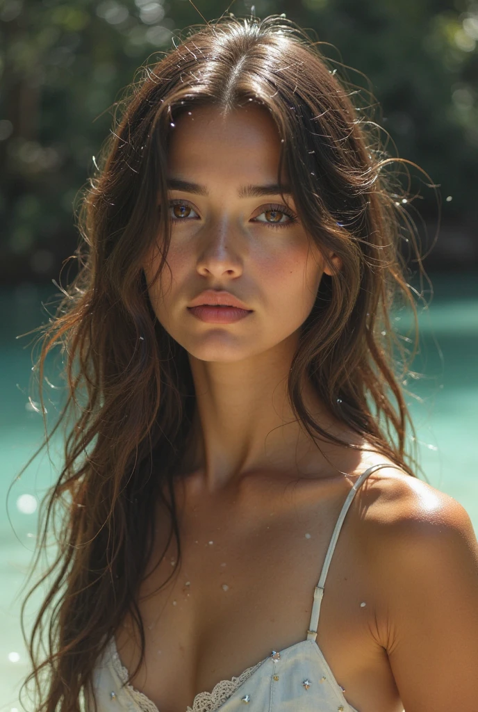 ((best quality)), ((masterpiece)), (detailed), 18 year old girl, girl touching her breasts, petite girl, high cheekbones, brunette, long hair, insanely detailed and intricate, hypermaximalist, attractive, hyper-realistic, super detailed, high detailed skin, posing, dressed in a black bodysuit, girl posing, on madeira island, she stands knee-deep in the sea, picture from below