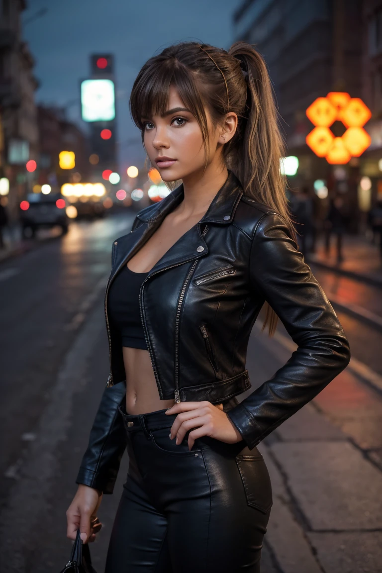 full body Realism, a 22 - year - old girl, dark hair, a ponytail on her head, bangs falling on her face, beautiful hairstyle, light makeup, dressed in a leather jacket, tight leather pants, beautiful shoes on her feet, evening city street in the background, high detail appearance, high detail hairstyle, high detail environment, high detail background, in the background is a modern city, the photo was taken with a photorealistic SLR camera, resolution full hd, depth of field, cinematic lighting, masterpiece, 16k, anatomically correct, textured skin