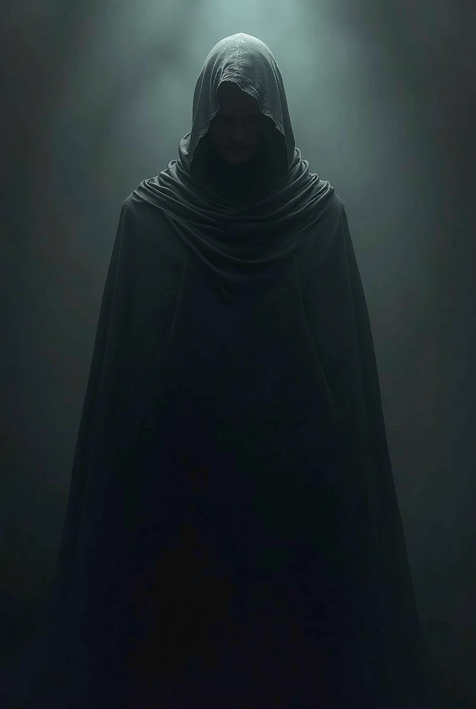 A mysterious hooded figure cloaked in darkness, standing in the center of an ancient, dimly lit corridor. The atmosphere is eerie, with soft turquoise and teal light shining from above, casting shadows around the figure. The background features old stone arches covered in web-like textures, adding to the ominous, mystical ambiance. The figure's face is completely hidden, shrouded in deep shadow, giving an otherworldly, ghostly presence. The overall mood is dark, ethereal, and haunting.