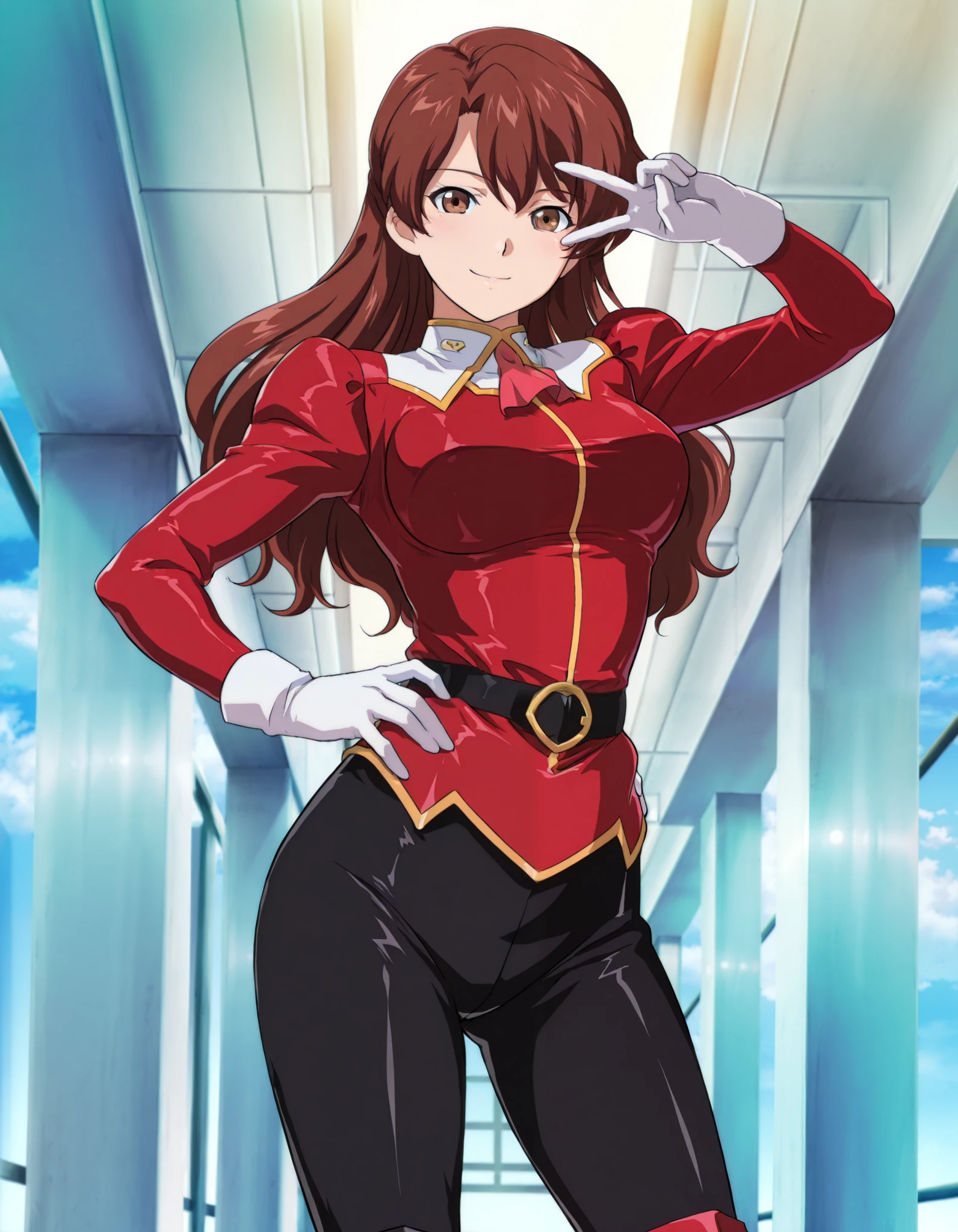(((Masterpiece))), (((Best Quality))), ((Super Detail)), ultra-High resolution, score_9, score_8_up, score_7_up, score_6_up, score_5_up, score_4_up, BREAK, source_anime, anime screencap, Masterpiece, (best shadow), (absurdres), (detailed background), (very aesthetic), shiny, detailed beautiful eyes, outstanding, countershading, detailed soft lighting, an exquisite animation illustration, curvy, Erotic_style, cowboy shot, d_naomi, long hair, brown eyes, military uniform, white gloves, black pants, boots, smile, standing, front view, open_stance, v over eye, hand on own hip,