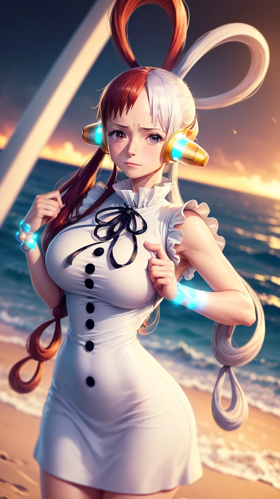 ((top quality, 8k, ​masterpiece:1.3)), An eye for detail, (Viewed from the front), Look into the camera, ((Everything sparkles、Reflect light:1.2)), (best ratio: 4 fingers, 1 thumb), (portrait), (((Uta aus One Piece))), 1 girl, cute face, head tilt, Full body shot, Stand, blush, Stand split, angry, outside, beach, expressive eyes, perfect face, uta, Long hair, headphones, Ribbon, big boobs, neck Ribbon, split hair, Hair over one eye, Twin tails, hair rings, black Ribbon, naked..