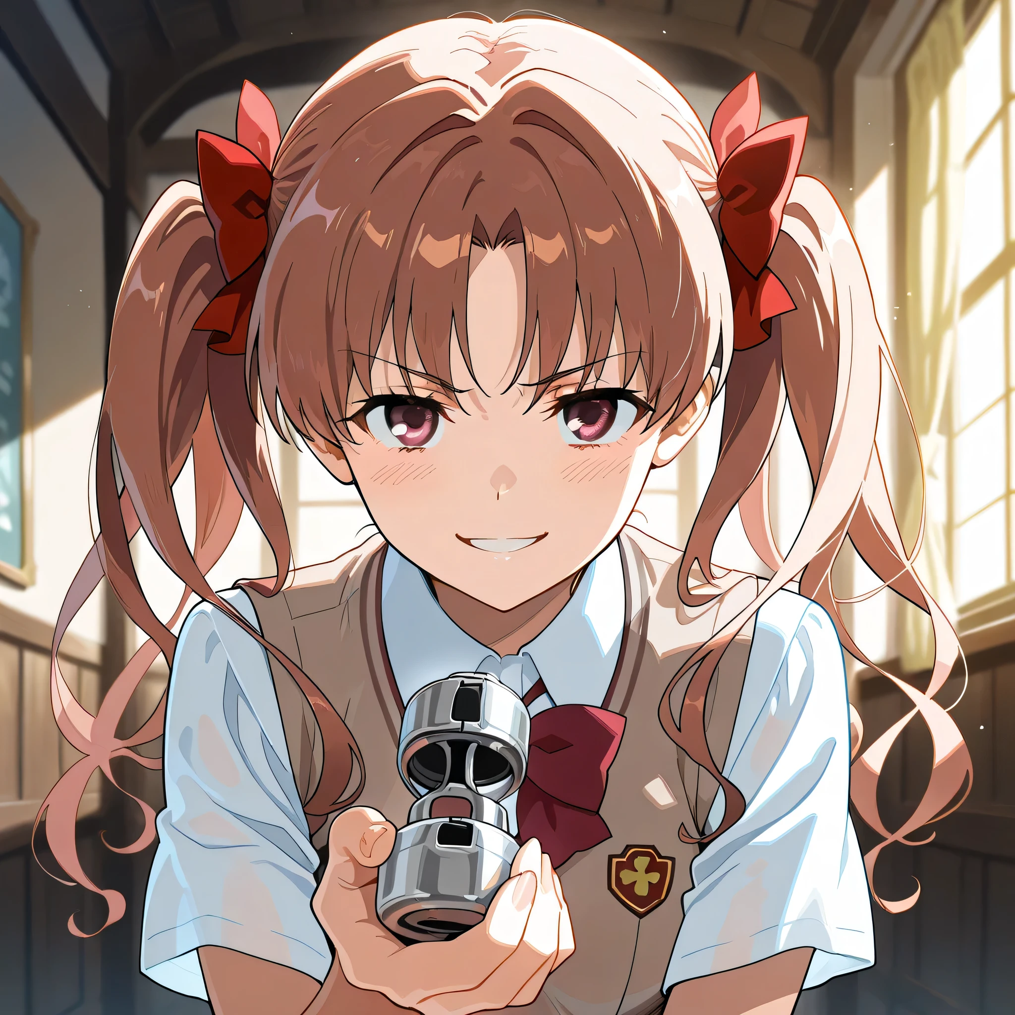 pov, 1girl, Kuroko Shirai, tokiwadai school uniform, brown hair, long twintails with red ribbon, holding chastity:1.1, lovely giggle smile, Dynamic Range, best lighting (extremely detailed CG, masterpiece, highres icon,absurdres,4K)