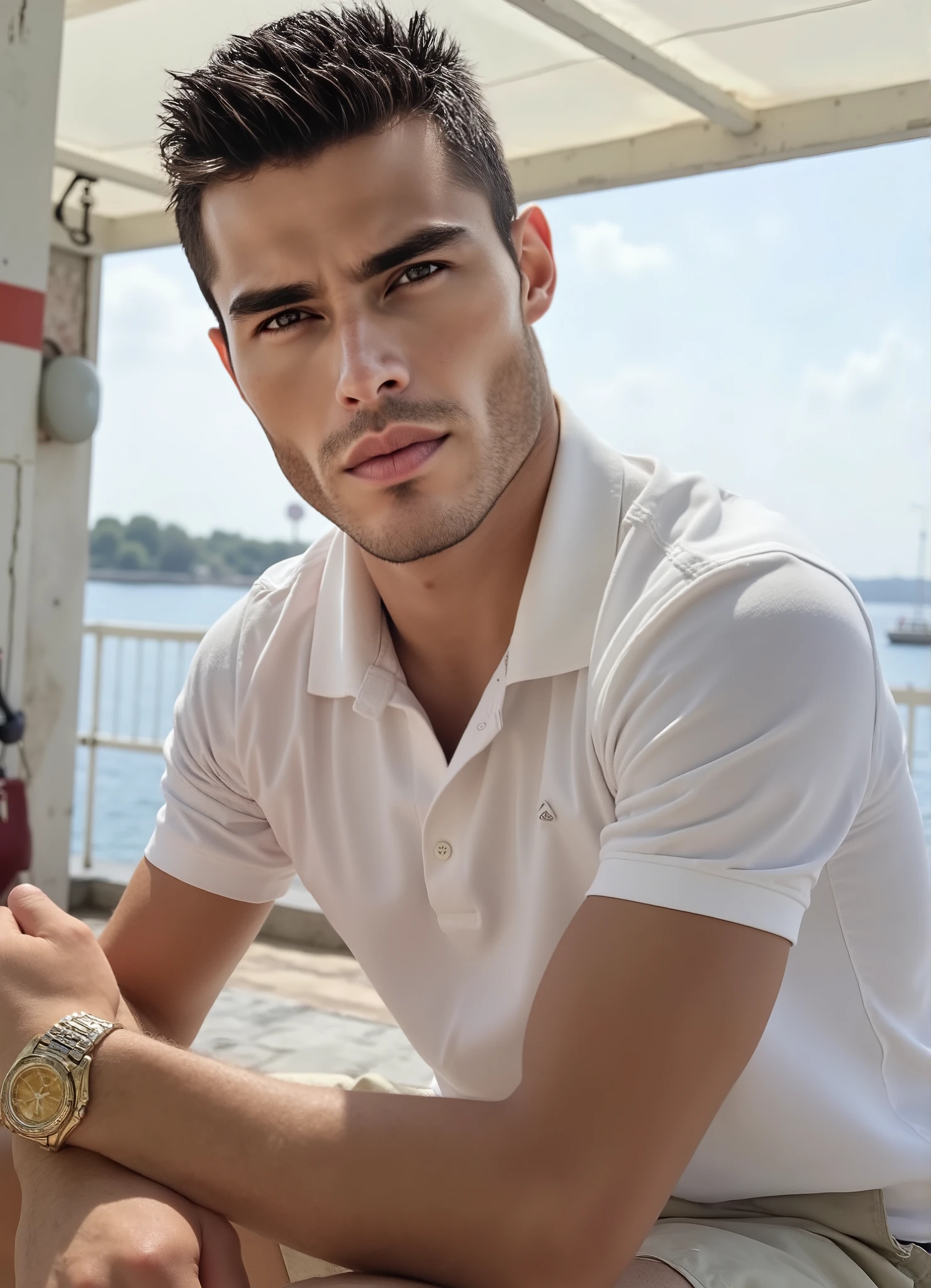 portrait photography,Middle distance,facing the camera,Sea cruise footage,The photo is the most handsome and sunny Asian man with dark hair,young man with short hair,focused and charming eyes,deep eyes,with a youthful face and clear cheekbones,real skin texture, has texture,A tough natural display luxury watch on the left wrist,looks like Leonardo DiCaprio、Beckham reference portrait photo、A combination of Tom Cruise and Alain Delon,wearing a polo shirt,Casual shorts