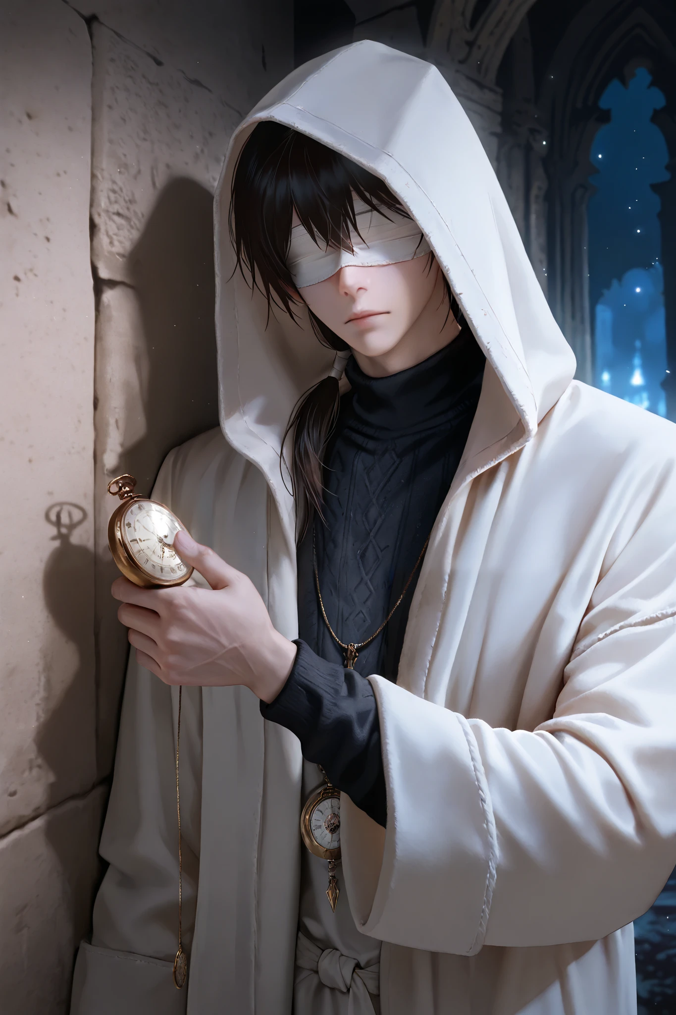 masterpiece, best quality, detailed eyes, semi realistic, 8k, boy, cool, small, white robe coat, black sweater, short black low ponytail hair, blindfold bandage, fantasy, solo character, wearing hood, holding white pocket watch, white particles, fantasy temple background, night time, upper body, lean against the wall, emotionless face