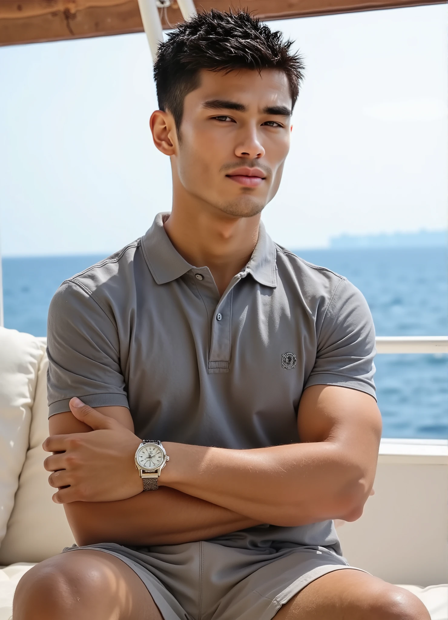 portrait photography,Middle distance,facing the camera,Sea cruise footage,The photo is the most handsome and sunny Asian man with dark hair,young man with short hair,focused and charming eyes,deep eyes,with a youthful face and clear cheekbones,real skin texture, has texture,A tough natural display luxury watch on the left wrist,looks like Leonardo DiCaprio、Beckham reference portrait photo、A combination of Tom Cruise and Alain Delon,wearing a polo shirt,Casual shorts