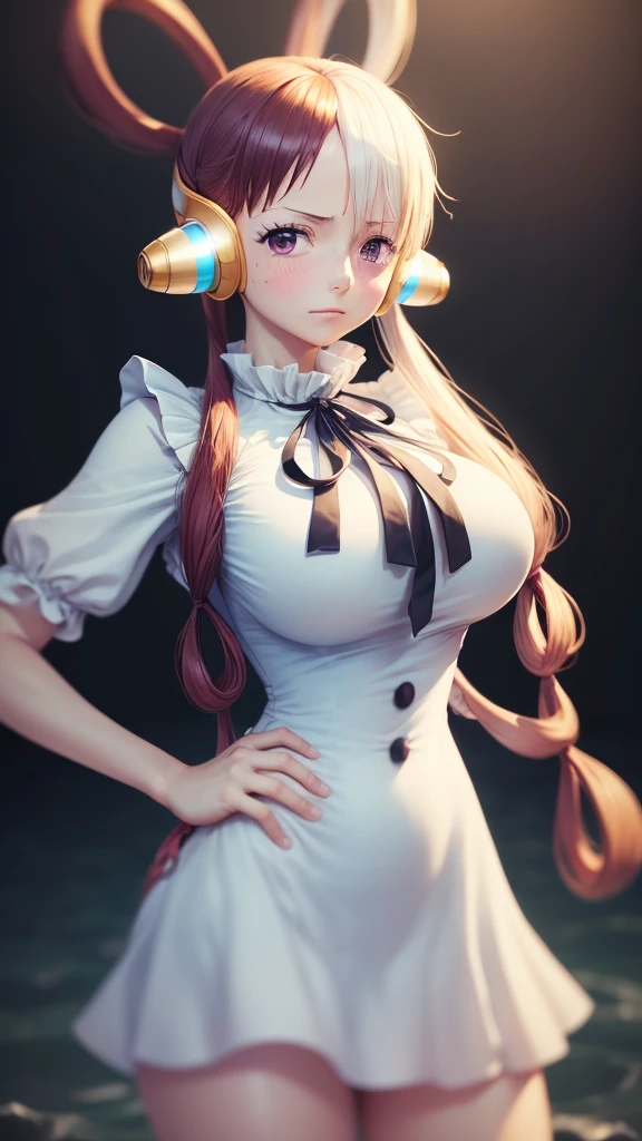 ((top-quality, 8K, masterpiece:1.3)), A detailed eye, (looking at from the front), Look at the camera, ((Everything is sparkling、reflecting light:1.2)), (Best Ratio: 4 fingers, 1 thumb), (portrait), (((Uta from One Piece))), 1 girl, cute face, head tilt, half body shot, contrappasto, blushing, smiling, outdoor, city, expressive eyes, perfect face, dress, uta, long hair, white dress, headphones, ribbon, large breasts, neck ribbon, split-color hair, hair over one eye, twintails, hair rings, black ribbon, standing,