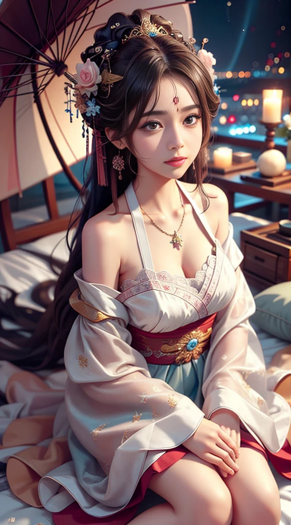 teens girl、smile、(Raw photography、top-quality)、(realisitic、Photorealsitic:1.3)、See-through lace、top-quality、high-detail、​masterpiece、ultra-detailliert、cleavage of the breast、A dark-haired、Longhaire、dynamic ungle、world masterpiece theater、Messy_long_hair、top-quality、Very detailed 8k wallpaper、inky、magnifica、电影灯光、lens_f lare、dunhuang_Style