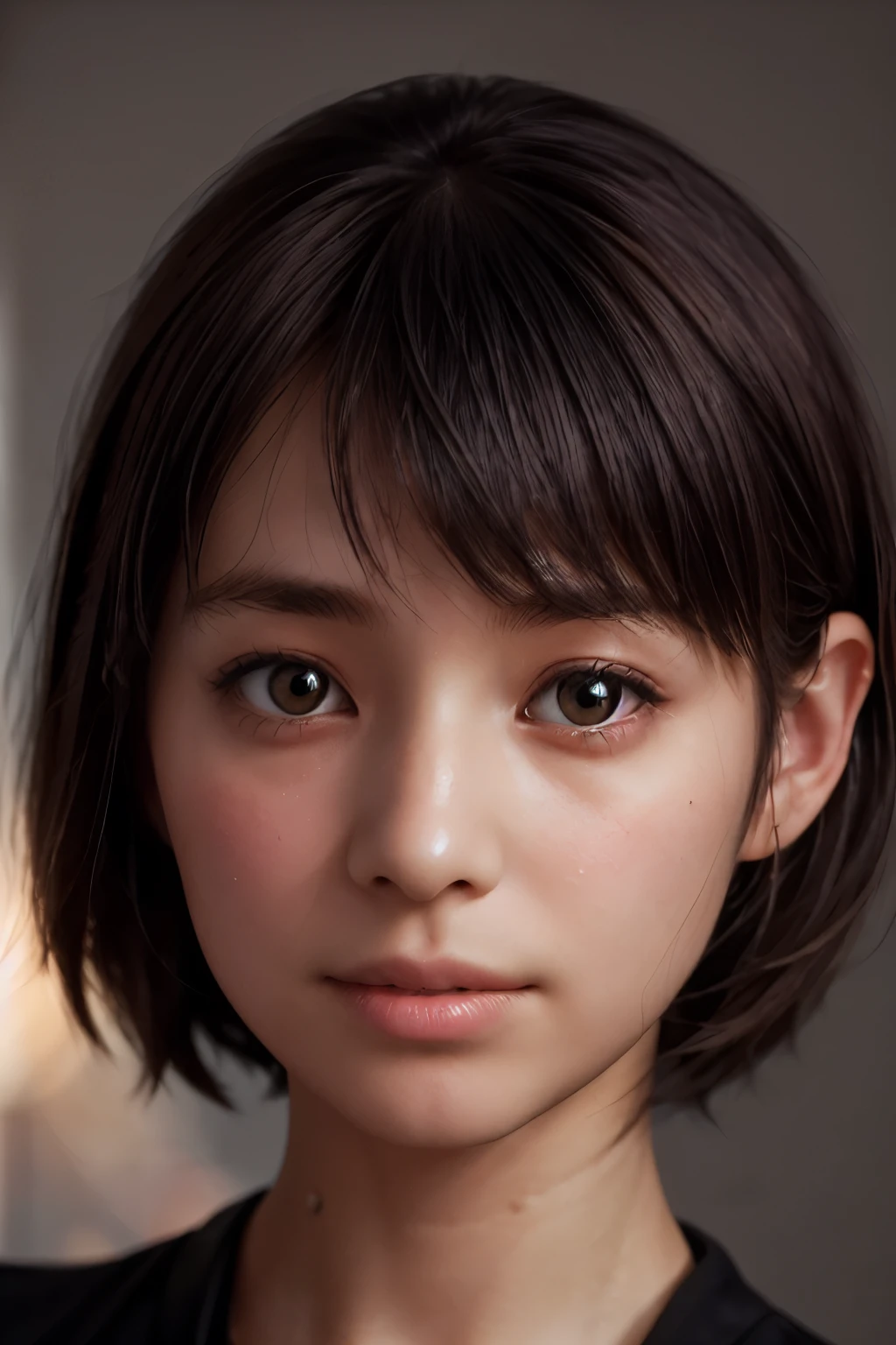 ((best quality, masterpiece, extremely detailed)),1girl, (14yo:1.3), (silhouette lighting:1.4), medium hair with bangs, (extremely face close up:1.5), (face is in the center of the photo:1.4), solid balck background