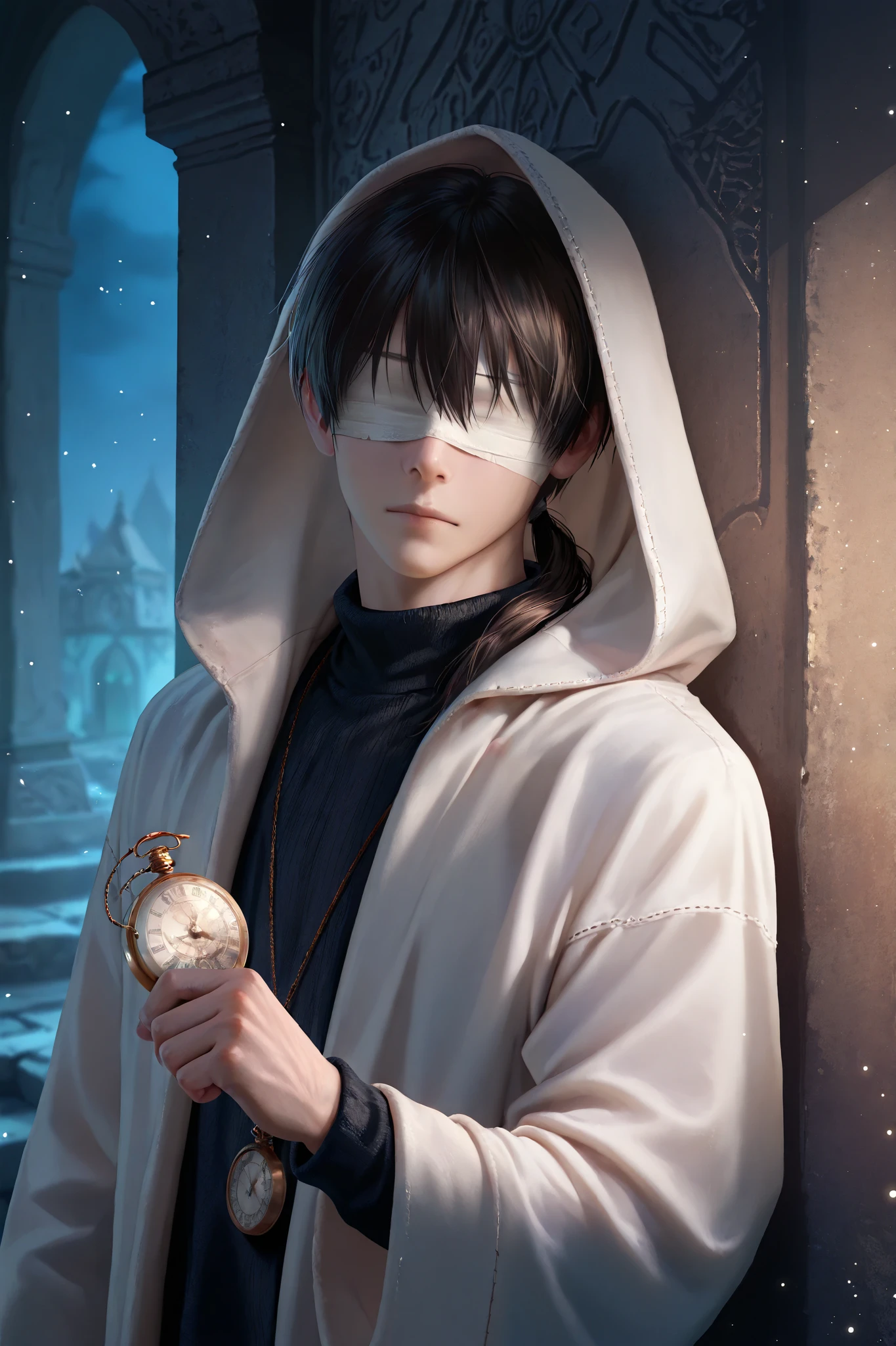 masterpiece, best quality, detailed eyes, semi realistic, 8k, boy, cool, small, white robe coat, black sweater, short black low ponytail hair, blindfold bandage, fantasy, solo character, wearing hood, one white pocket watch on hand, white particles, fantasy temple background, night time, upper body, lean against the wall, emotionless face