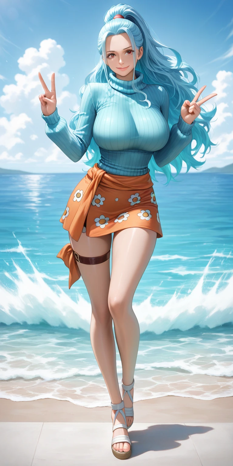 yamato \(one piece\), 1girl, solo, japanese clothes, multicolored hair, jewelry, earrings, sleeveless kimono, hair ornament, kimono, curled horns, long hair, oni, smile, rope, breasts, hair stick, sleeveless, shimenawa, closed mouth, hoop earrings, bare shoulders, ponytail, (masterpiece, best quality), beach, scenery, ((front view)), detailed, very high resolution, no blurry image, ((full body)), orange eyes, sligh wavy hair, (((massive breasts)))