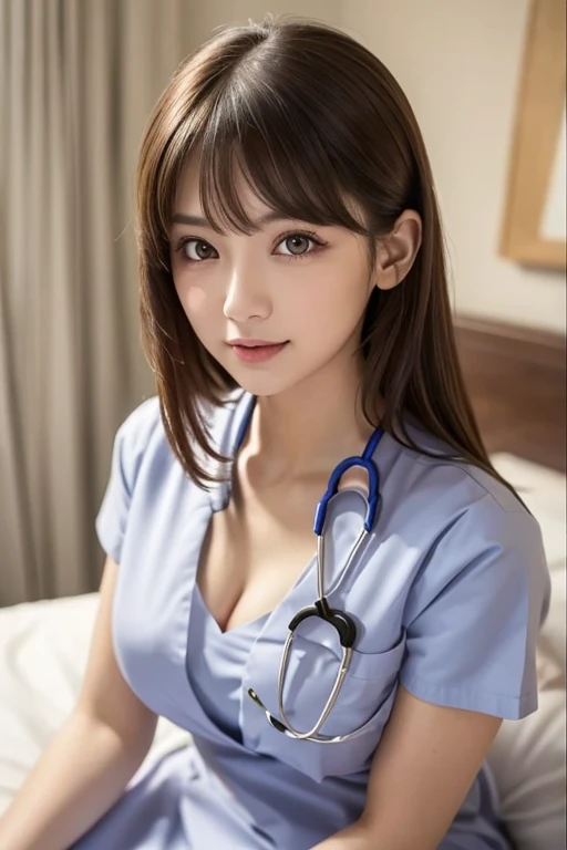 masutepiece, Best quality, One girl, (Beautiful girl:1.3), (18 years old:1.3), Very fine eye clarity, (Symmetrical eyes:1.3), (nurse costume:1.2), Beautiful breasts, Brown eyes, Parted bangs, Brown hair