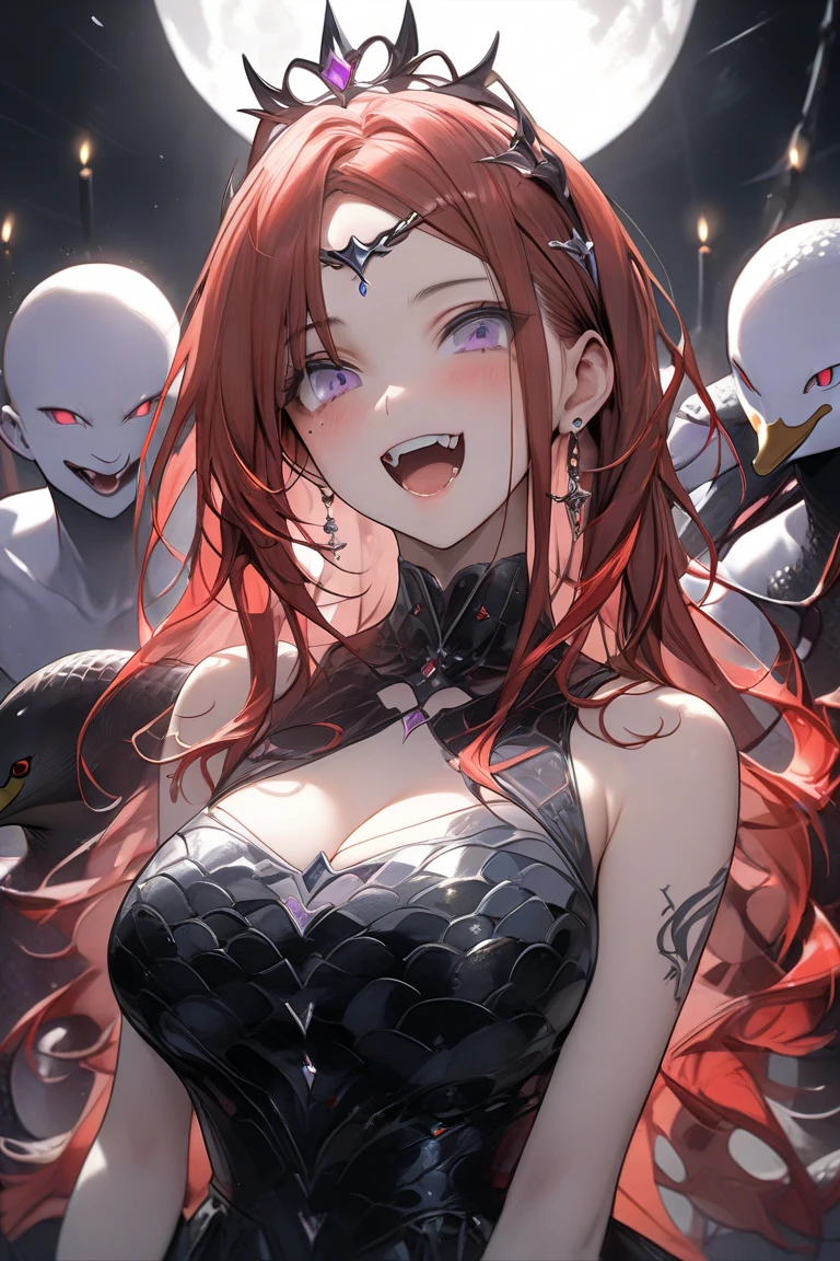 Woman, long dark red hair, black long open dress, witch, silver jewelry in the shape of ribs, metal mask on half of the face, black lipstick, laugh, open mouth red eyes, big laugh, scary laugh, cleavage, face to detail, wearing crown,