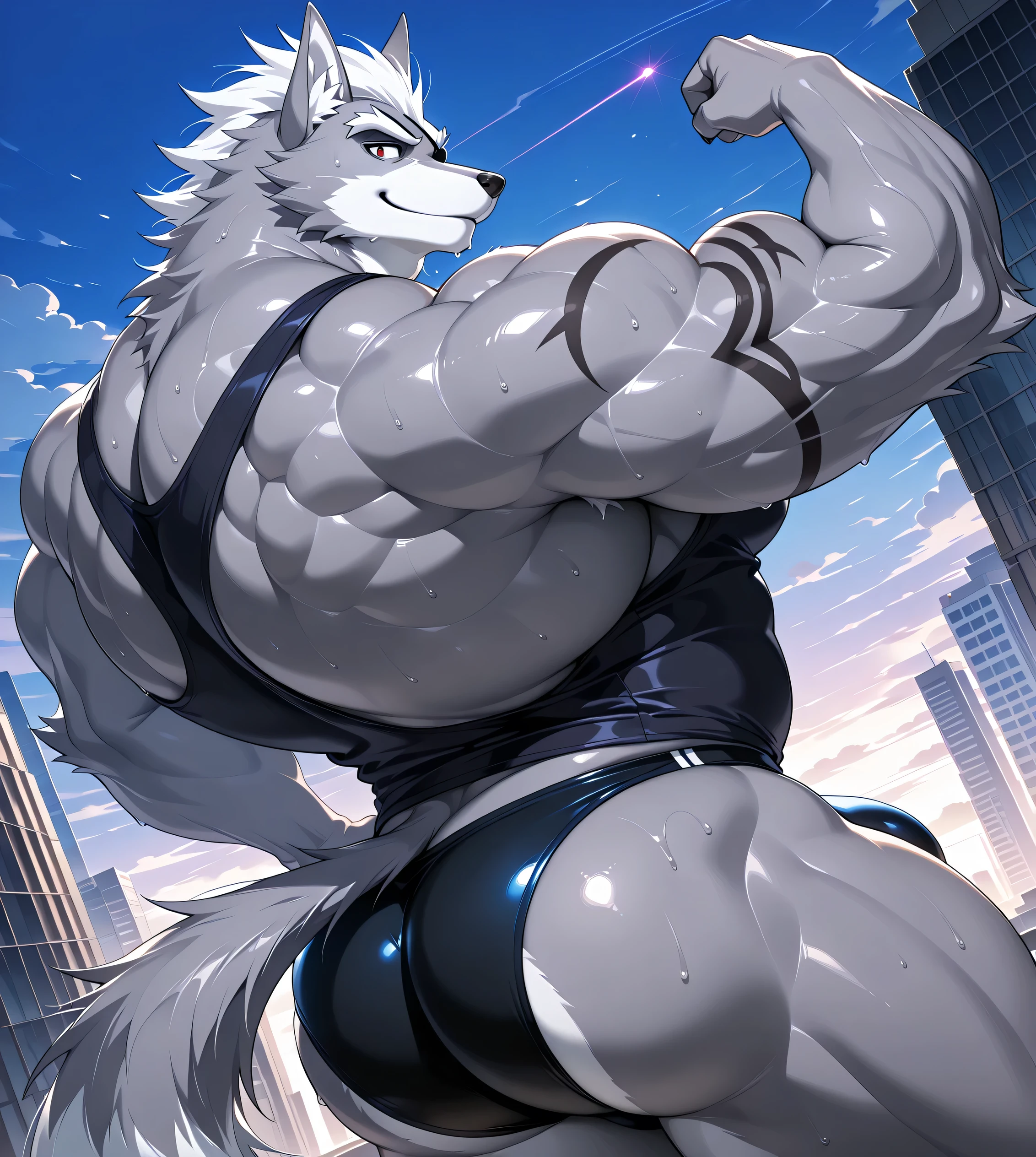 kemono, bara, solo, 1boy, furry, anthro, Wolf O'donnell, black eye patch on right eye, male, tail, huge muscular, thick neck, thick throat, posing, red eyes, black tattoos, broad shoulders, broad chest, detailed background, bare upper body, sweaty, face turned, macro, city, bedroom eyes, one raised eyebrow, looking at viewer, looking over shoulder, ass, close up, serious, smile, huge black speedo, huge bulge in black speedo, one hand on hip, one hand showing a thumb up, huge muscular back, back view, dutch angle, BREAK score_9_up,score_8_up,score_7_up,score_6_up,score_5_up,score_4_up BREAK by null-ghost