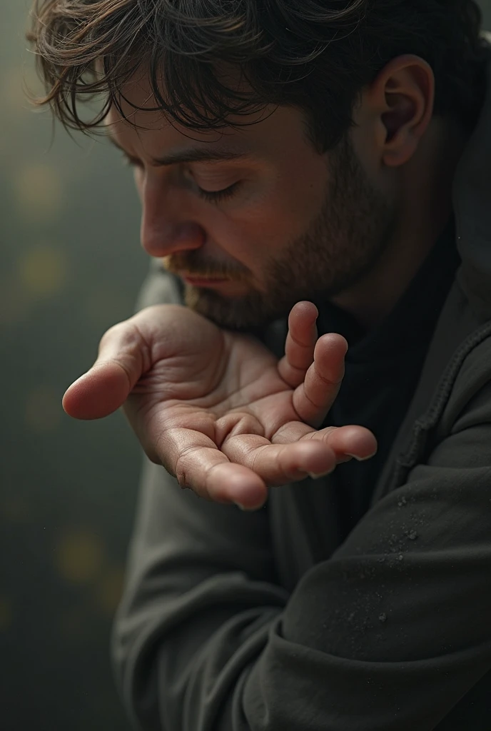 Imagine um jovem homem ajoelhado em um jardim, with her hands together, In prayer. O sol brilha suavemente sobre ele, highlighting his expression of gratitude and hope. Describe the position of your hands, showing delicately intertwined fingers, conveying the feeling of surrendering your desires and concerns to the universe.