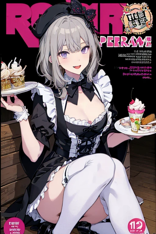1 girl, small nose, very beautiful detailed face and eyes, bright colors, cute face, delicate beautiful face, Bright magenta eyes, cute eyes, sparkling eyes, Big eyes, (big breasts:1.3), (perky chest:1.1), (pointed chest:1.0), (cake magazine cover:1.3),highest quality, WorKs of masters, High resolution,BlacK color hair,shiny hair, side ponytail,hair between eyes,bangs, (black jacket, real clothes, cleavage, black skirts, black thighhighs, thigh strap, fingerless gloves, single glove:1.2) , spread legs, panties shot, medium hips, glamorous body, white skin, smile, thin pubric hair, super beautiful face, Super beautiful eyes, Super beautiful hair,trendy outfit,sexy and attractive,full body esbian, Real World, Natural light,perfect Natural light,(with sparkling eyes and a contagious smile), This masterpiece is not only visually stunning but also tells, make of cake cooking , in the kitchen, open mouth, looking at viewer,