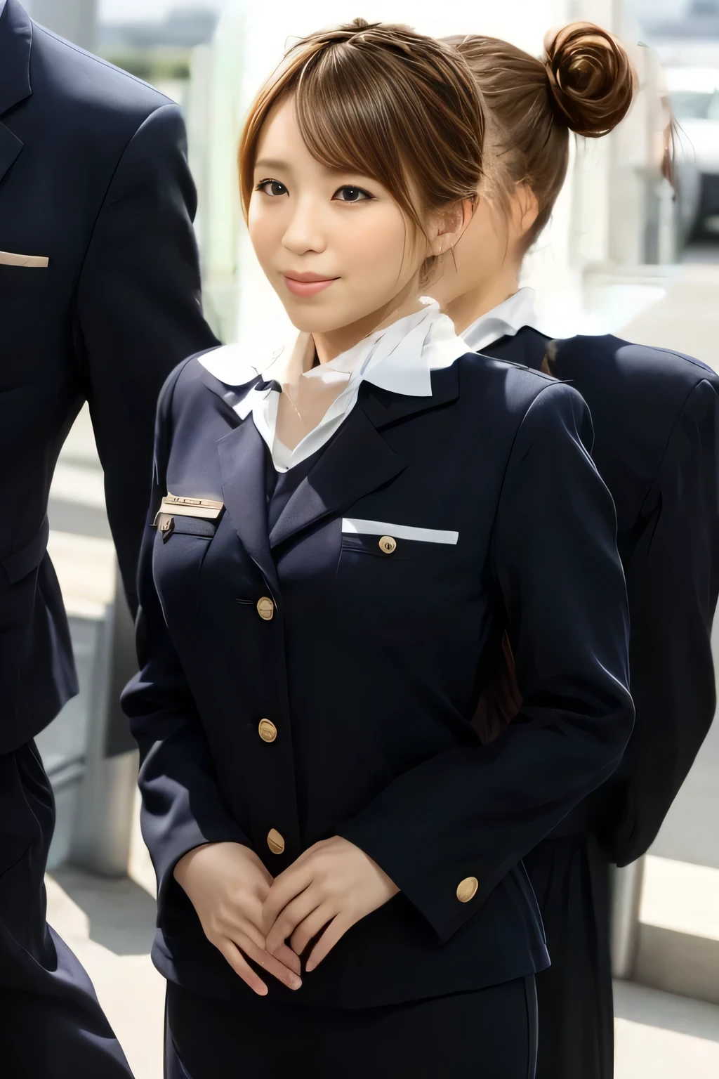 (masterpiece:1.2, Best Quality:1.2), 32kHDR, high definition, (alone、1 girl)、(Rooftop of a building during the day、professional lighting)、Building rooftop background、(Japan Air System cabincrew Uniformを着たリアルスタイル)、((Japan Airlines System flight attendant uniform jacket with buttons on both chest pockets、There are buttons on both chest pockets、 white short sleeve blouse 、 jumper skirt、 scarf wrapped around neck ))、dark brown hair、(long hair、 hair tied、 hair tied)、dark brown hair、Long Hit、Big Breasts、 Read more、(( amazing hands:2.0)),((A harmonious body shape:1.5)),((Normal limbs:2.0)),((Usually refers to:2.0)),((watch:2.0)),((Normal eyes:2.0)))、smile、(Japan Air System cabincrew Uniformを見せた美しい立ち姿)、 definitely
