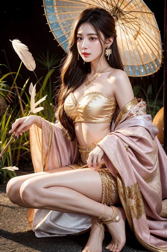 Top Quality, Masterpiece, Ultra High Resolution, (Photorealistic: 1.4) 1girl, beautiful_face, Detailed Skin, Full Body, Jewelry, Solo, Royal Palace, Queen, Earrings, (Tue: 1.3), Blurry, Realistic, Lips, Dunhuang Style, (Zentangle: 1.2), (Flower: 1.4), Small and firm Breasts, Navel Reveal, Big, Armpits, M-Shaped Legs, Open Legs, Camel Toes, barefoot, barefoot, barefoot, top quality, masterpiece, highly detailed detail, high resolution, 8k, complex detail, realistic, photorealistic, dramatic lighting, partially hidden by 1girl, dunhuang_clothes, dunhuang_dress, clothing, (see-through: 1.3), through a thin veil, glimpse of the breast, Creates an attractive and thought-provoking effect, giving you a glimpse of the contours of her skin and breasts