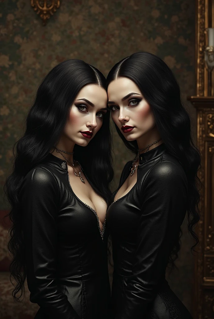 two sisters of different ages, one teenager, lesbian, detailed face, black hair, long hair, arrogant, sexy, mysterious, curvy, witches, vampire, catholic, gothic