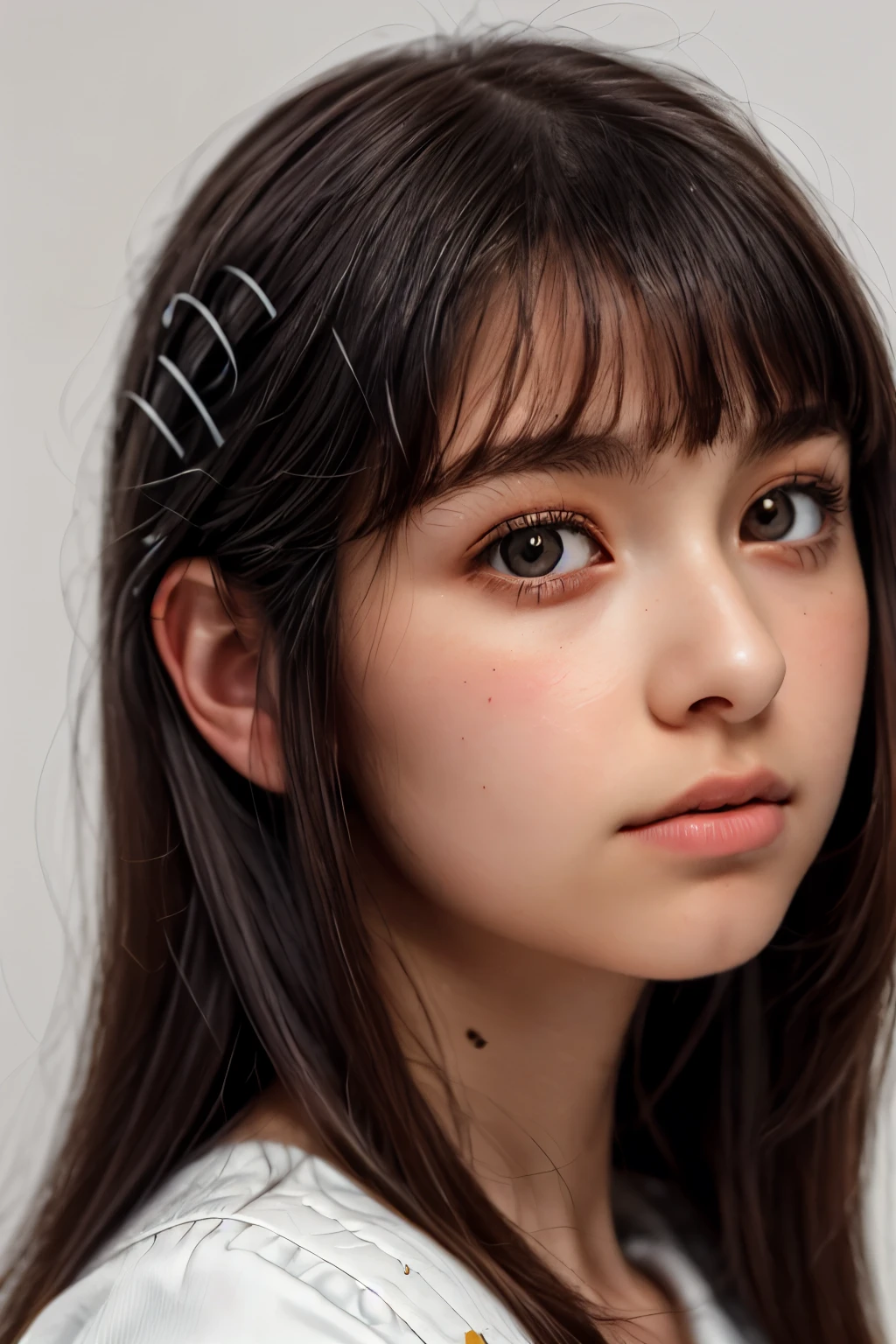 ((best quality, masterpiece, extremely detailed)),1girl, (14yo:1.3), (silhouette lighting:1.3), black eyes, long hair with bangs, (extremely face close up:1.5), (face is in the center of the photo:1.4), solid white background