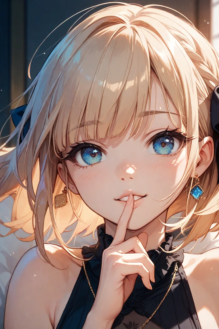 ((Highest quality)), ((masterpiece)), (detailed), One girl, sexy,1 female, (Focus on the eyes, put your index finger in front of your mouth:1.5), A woman with a calm expression holds her index finger over her mouth "quiet" Pause, Soft pink and beige shades, Natural light casts soft shadows on the face, Soft wavy hair and smooth skin, Warm light shines in, A little star shining in your eyes, Long eyelashes, Soft lip lines, Natural three-dimensional effect, A kind smile, ((masterpiece)), ((Highest quality)), (非常にdetailed), (非常にdetailed)), 4K, (8k), so beautiful, Absurd, High resolution,