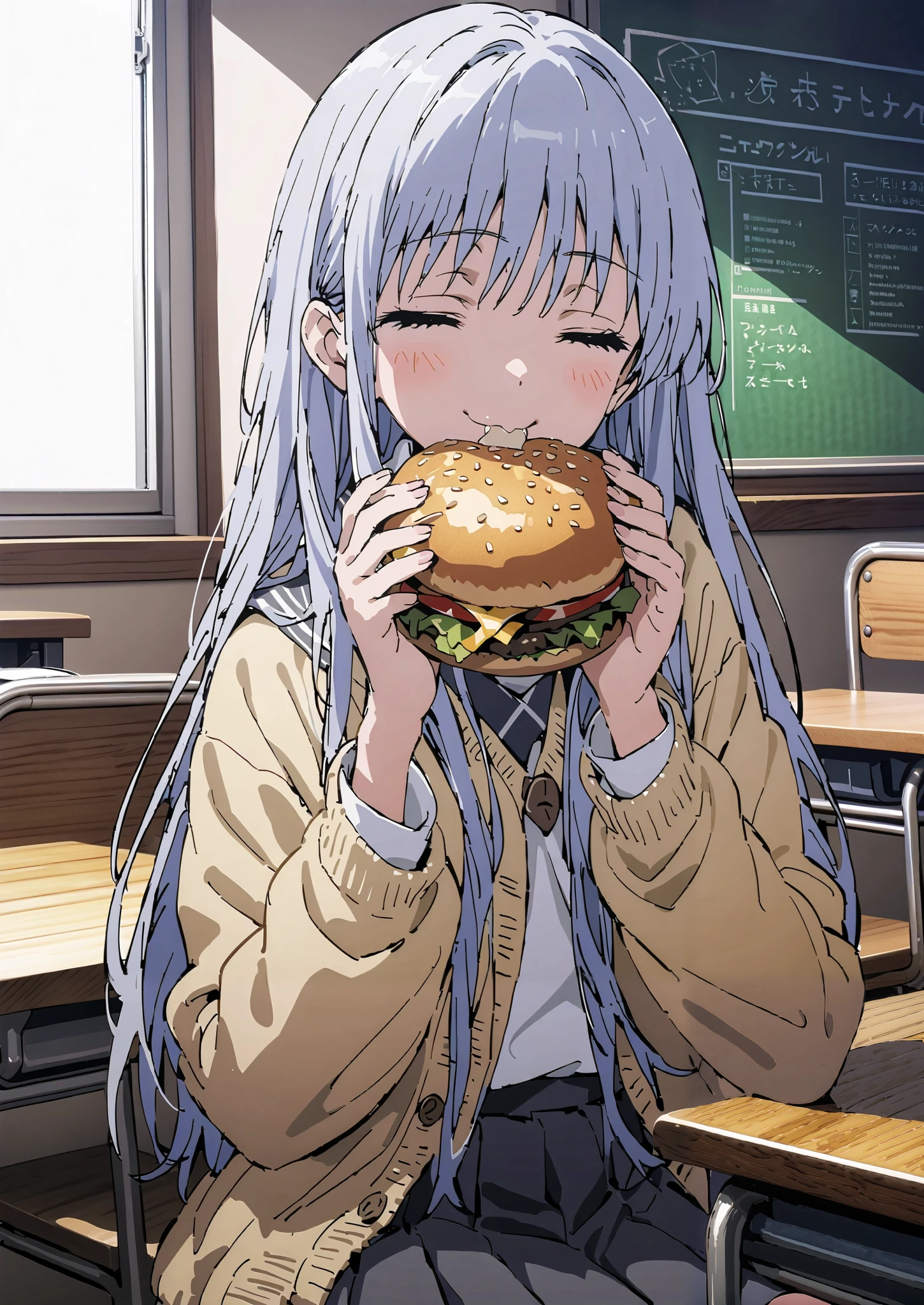 Prohibited bibliography, both eyes, Silver Hair, long hair, smile,blushes,Black sailor suit, yellow cardigan ,black pleated skirt,white high socks,loafers,chairsに座っている, holding a hamburger with both hands,eating hamburger,noon,machine, blackboard ,chairs,full bodyがイラストに入るように,break indoors,classroom,
full body,
break (masterpiece:1.2),top quality , kampala, Unity 8K Wallpaper ,(shape:0.8),It's a person ,full body写真,CG Details , (perfect hands,complete anatomy),