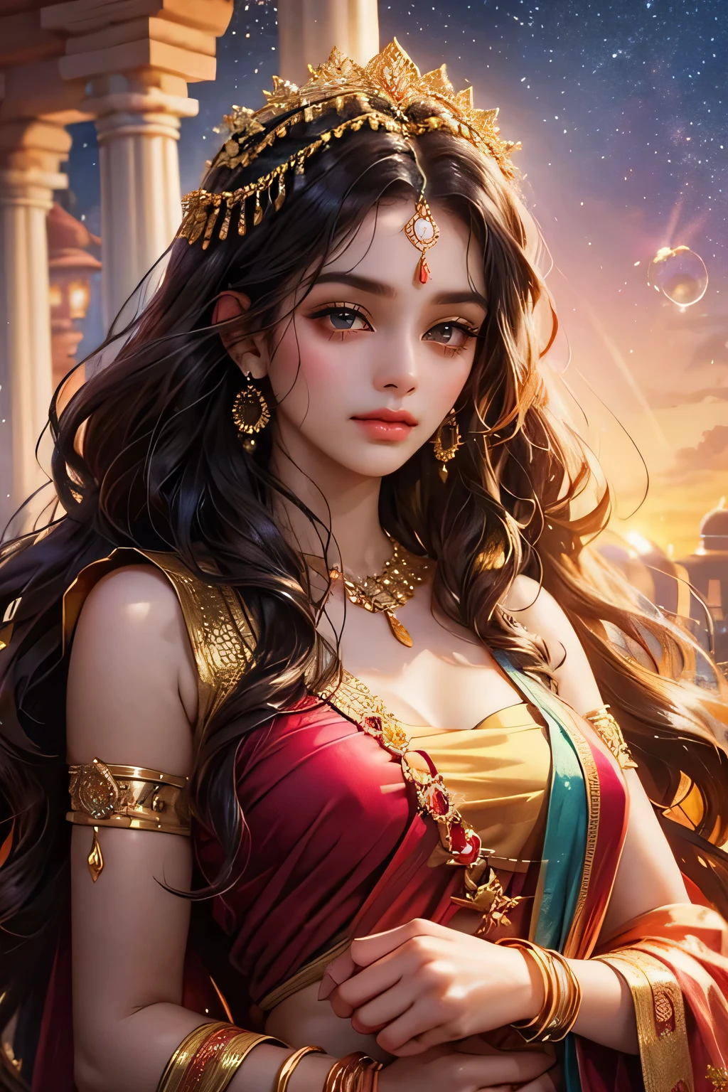 Goddess parvati, animated style, closeup shot, anime in a red and green combination indian dress(saree or lahaenga choli), long black hair wavy hair untied with hair ornaments, innocent expression, bright big blake eyes, holding a flower, natural beauty, vibrant colors, dreamy, northern light, pink bubble, romantic, soft lighting, vintage aesthetic