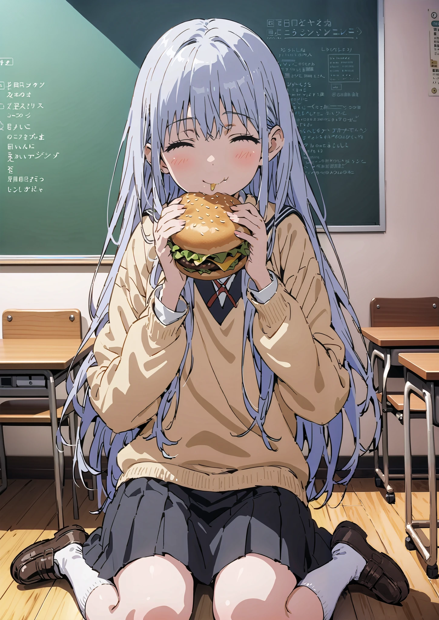Prohibited bibliography, both eyes, Silver Hair, long hair, smile,blushes,Black sailor suit, yellow cardigan ,black pleated skirt,white high socks,loafers,chairsに座っている, holding a hamburger with both hands,eating hamburger,noon,machine, blackboard ,chairs,full bodyがイラストに入るように,break indoors,classroom,
full body,
break (masterpiece:1.2),top quality , kampala, Unity 8K Wallpaper ,(shape:0.8),It's a person ,full body写真,CG Details , (perfect hands,complete anatomy),