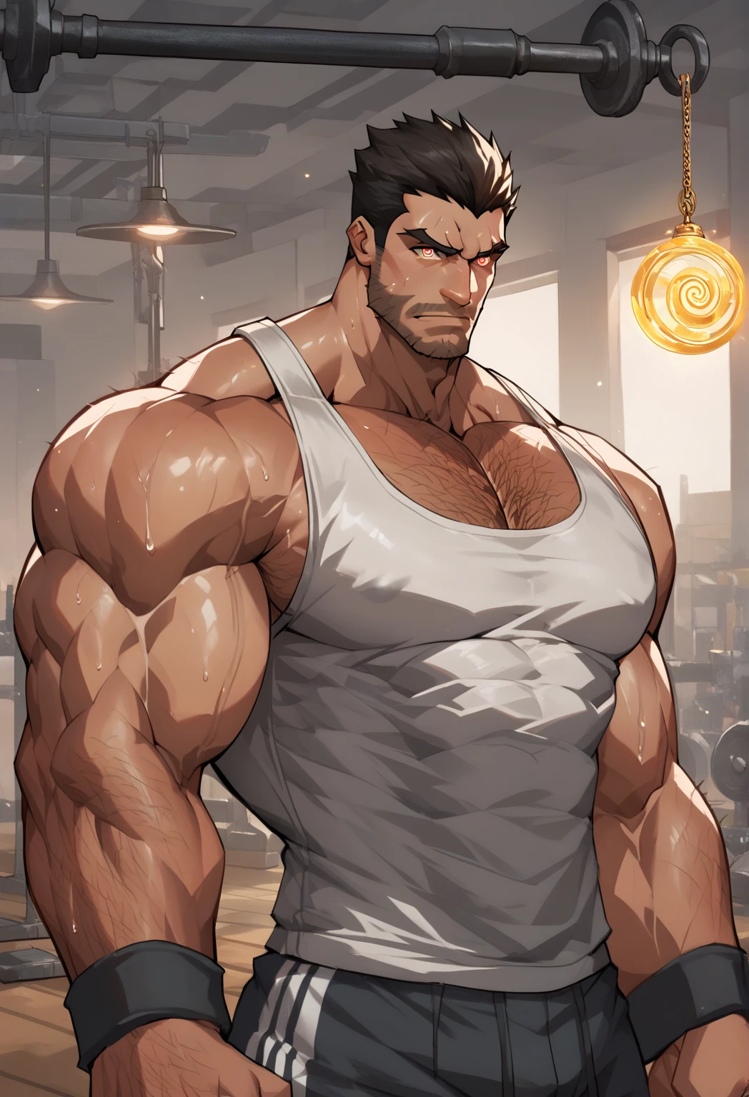 Middle-aged man, detailed face, Realistic eyes, 3d eyes, gray hair, seductive look, mustache, masculine face, muscular body, prominent veins. He is wearing very tight sports pants showing his muscles, a big bulge, a wet white tank top.