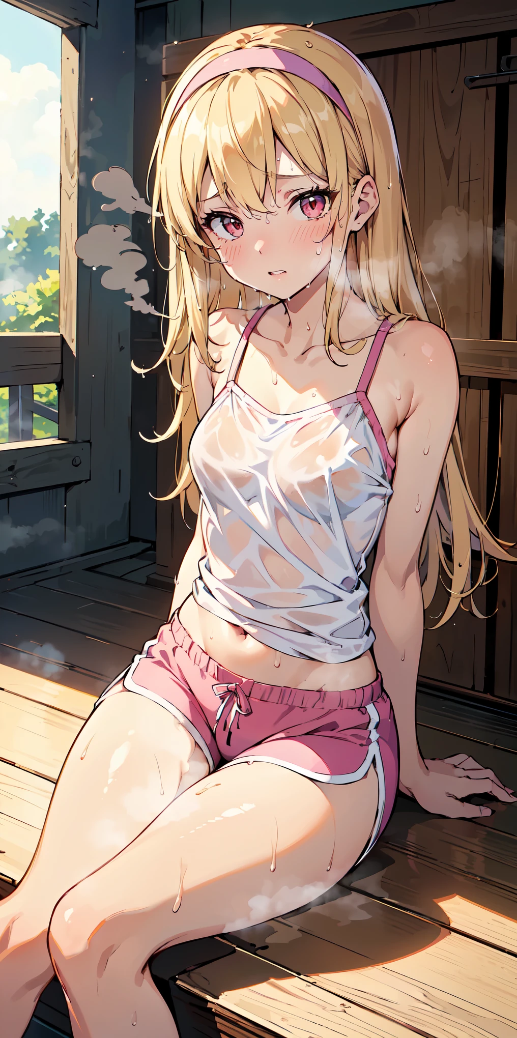 masterpiece, best quality, (dynamic angle:1.2), anime-style, official art, delicate illustration, very aesthetic, sharp focus, adorable, (pastel color), 1 girl, solo, (sitting), (arms behind back), (dynamic pose),
(female: (young high school girl), (suggestive pose:1.3), (provocative expression:1.2), (golden blonde long straight hair), mid-back length, (pastel pink cotton hairband), red eyes, (slightly parted lips), (deep breathing:1.3), (Overwhelming blush covering face:1.2), (sheer tight-fitting solid white camisole:1.3), (pastel pink athletic shorts:1.3), white socks, pink sneakers, (large breasts), slender but well-proportioned, elegant long limbs, (small pelvis:1.2), (ultra-slim thighs:1.3)),
(narrow space), (moody lighting), (humid atmosphere:1.3), (oppressive summer heat:1.5), dusty wooden floor, stacked gym equipment, muffled cicada sounds, school gym storage room, (sweat:1.3), (steam:1.4), (wet:1.3), (wet clothes:1.3)