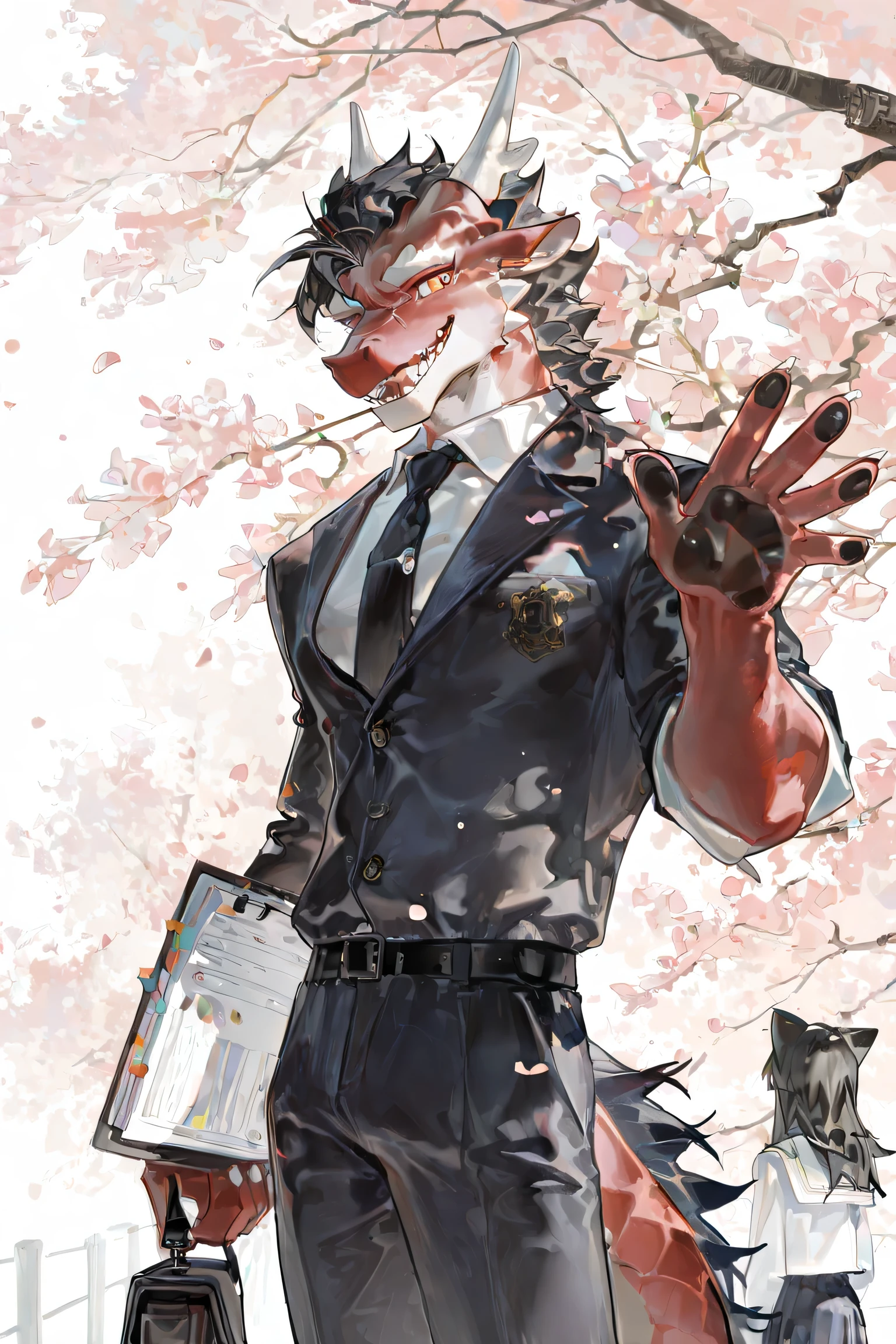 //Artist style
(ciloranko:0.3), suzumi \(ccroquette\), dino \(dinoartforame\), (ask \(askzy\):0.6), null_ghost, (milkytiger1145:0.5),
//Quality
very awa, masterpiece, best quality, year 2024, newest, highres, absurdres,
//Composition
solo, single person, solo focus,
//Gender/Species character
adult male, anthro dragon, red dragon, red scales, black mane, white horns, white chin, dragon ears,
//Physique
fit, athletic build, lean muscles, slender but strong, elegant posture,
//Distinctive features
pointed dragon ears, sharp teeth, scaly skin, dragon features, no wings, jade-like white horns, pristine white chin, dragon paws, clawed hands, paw pads,
//Expression/Pose
gentle smile, waving at viewer, friendly greeting, looking at camera, cheerful expression,
//Clothing
school uniform, academic attire, neat clothes, formal wear, student outfit,
//Props/Objects
holding book with one hand, literature in hand, academic textbook,
//Scene/Background
empty school campus, quiet university grounds, academic setting, school garden, educational institution, cherry blossoms, no other people,