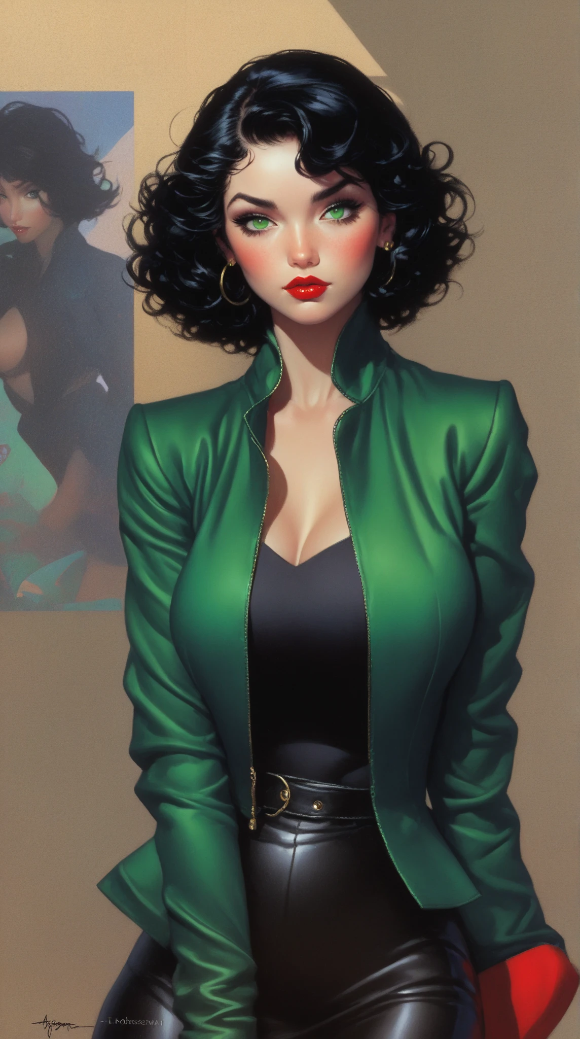 score_9, score_8, score_7,A stunning illustration ((Patrick Nagel Style)) dark-haired goddess, dressed in 1980s womens fashion, open jacket, open shirt green, a beauty pinup art style, graphic design, flat colours, white skin no shadows, 2 or 3 colour purple palette, background 1 flat colour. Portrait Style.