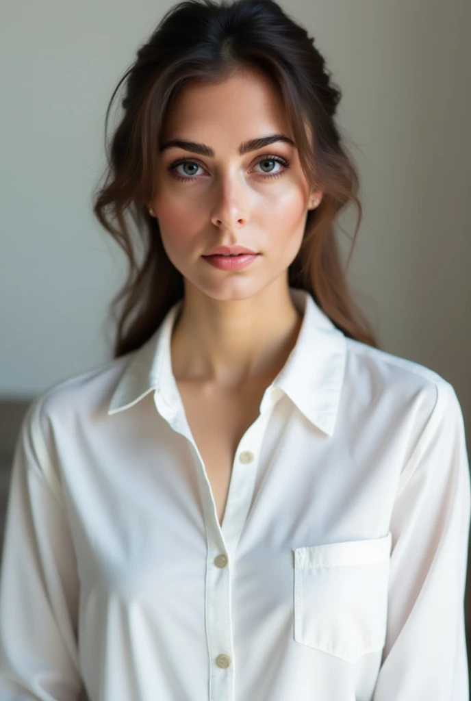 A pretty woman, dressed in white shirt, full body portrait, Pretty perfect face with perfect face, Hyperrealistic concept, 8k resolution, photography quality, posing for a photo, realistic photo,