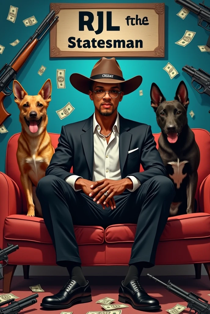 20 year old boy, brownish skin, sitting on the red couch, wearing black suites with white button shirt and black slatter,
Write TOP Griffin on his building also on his suits pocket and cowboy cap, surrounded by all guns with 2white k9 dogs, red ad blabk Maserati, surrounded by 4 beautiful women light color of the room is red and blue