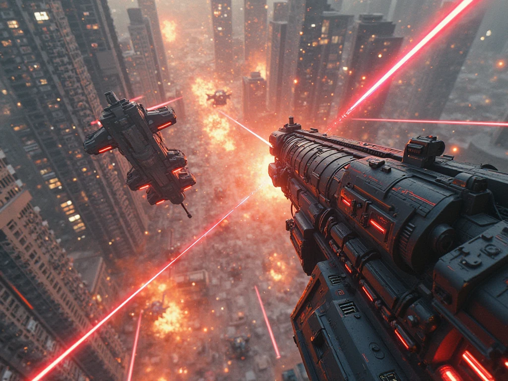A Cyberpunk Gunfight, war vehicles, anime, aerial view, top angle, destroyed city, laser shots everywhere, explosion everywhere.