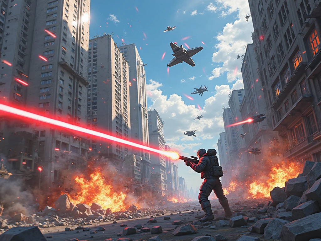 A Cyberpunk Gunfight, war vehicles, anime, aerial view, top angle, destroyed city, laser shots everywhere, explosion everywhere.