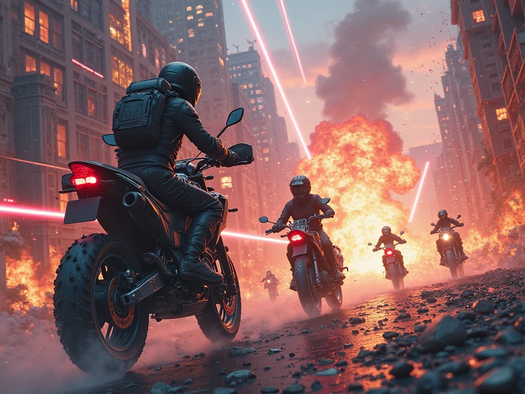 A Cyberpunk Gunfight, war vehicles, anime, aerial view, top angle, destroyed city, laser shots everywhere, explosion everywhere.