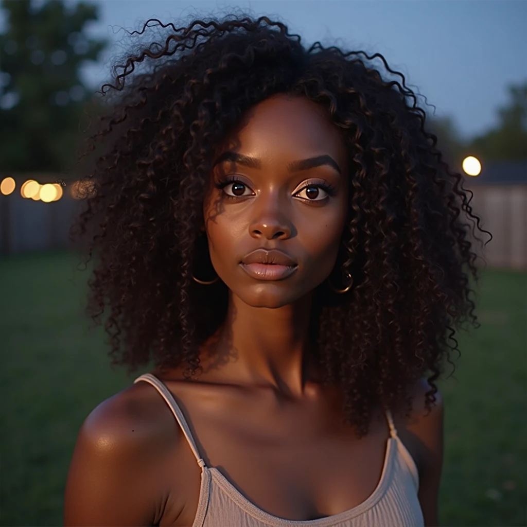 a 26-year-old woman with curly hair, model type with dark hair,  in front of her small house and mansion, clean eyes,, Sheer Light Shirt.