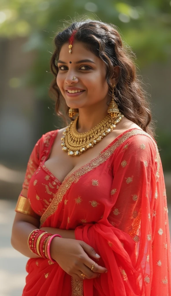 (Full body, editorial photograph of a 30 years old Indian woman), (highly detailed face:1.4) (smile:0.7) (background city, standing in a road , moody, private study:1.3) POV, by lee jeffries, nikon d850, film stock photograph ,4 kodak portra 400 ,camera f1.6 lens ,rich colors ,hyper realistic ,lifelike texture, dramatic lighting , cinestill 800, wearing a red transclusent saree with half sleeve blouse, chest open, deep navel, firm breast, light brown skinned, hourglass body shape, clevage, navel, black hair, loose hair, long hair, seeing the viewer