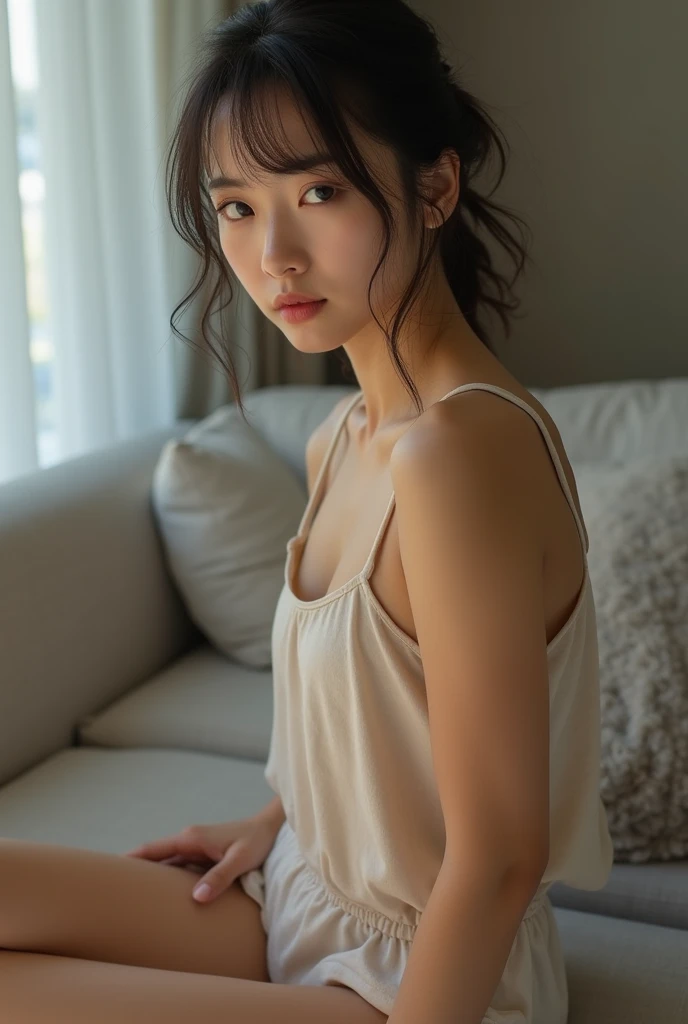 high resolution、high quality、The perfect subject、Perfect figure、Feminine body shape、Very beautiful Russian women、Gray rough long hair、Acrobatic moments、Loose-fitting clothing、Dazzling morning sun