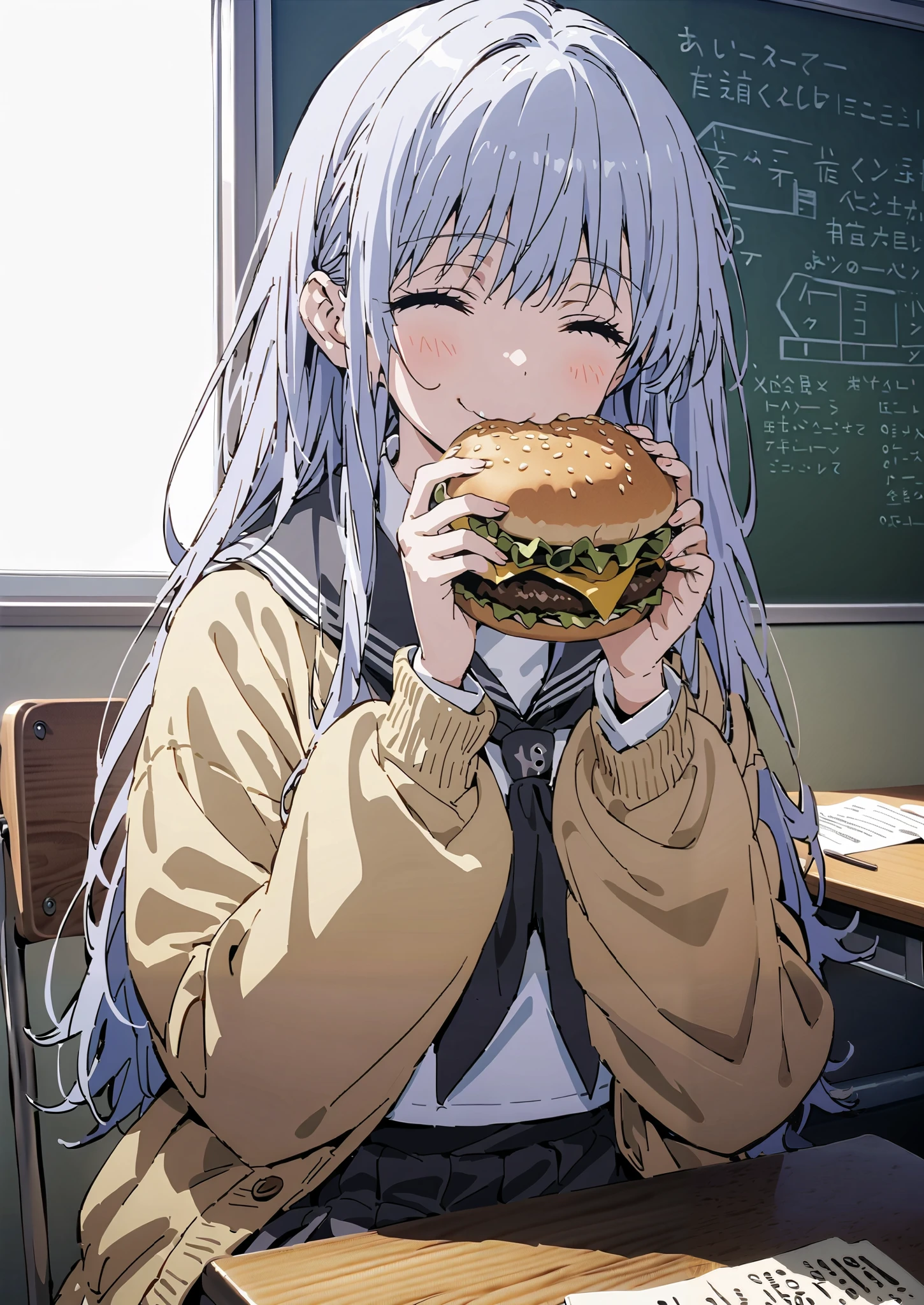 Prohibited bibliography, both eyes, Silver Hair, long hair, smile,blushes,Black sailor suit, yellow cardigan ,black pleated skirt,white high socks,loafers,chairsに座っている, holding a hamburger with both hands,eating hamburger,noon,machine, blackboard ,chairs,full bodyがイラストに入るように,break indoors,classroom,
full body,
break (masterpiece:1.2),top quality , kampala, Unity 8K Wallpaper ,(shape:0.8),It's a person ,full body写真,CG Details , (perfect hands,complete anatomy),