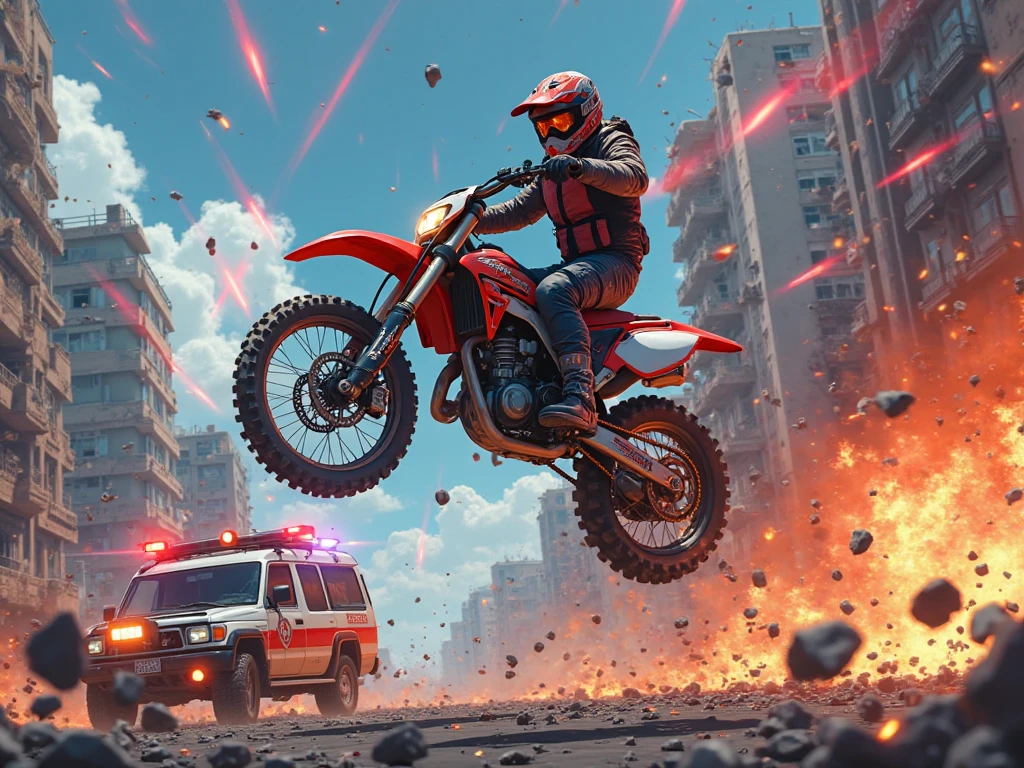 A Cyberpunk Gunfight, war vehicles, anime, aerial view, top angle, destroyed city, laser shots everywhere, explosion everywhere.