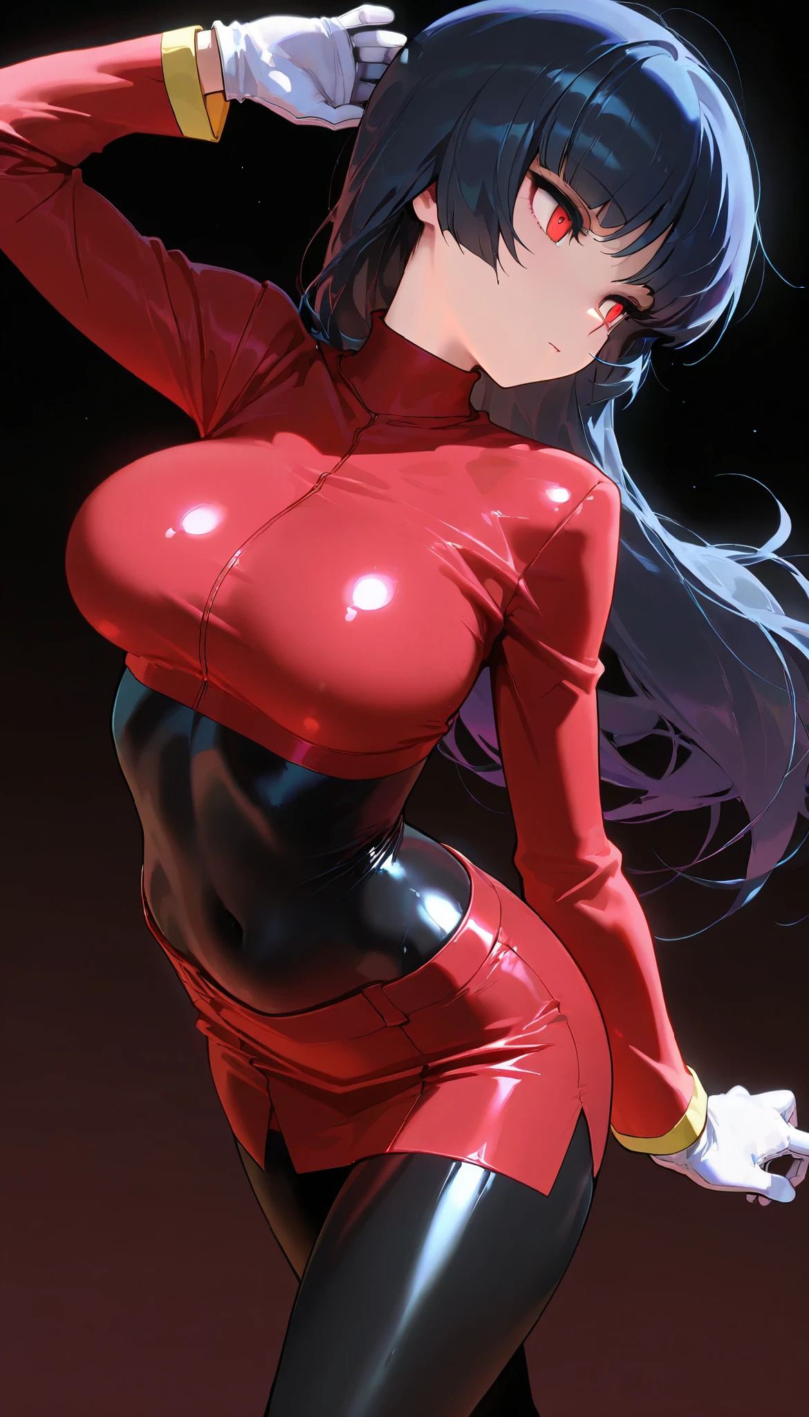 high resolution picture, masterpiece, best quality, amazing quality, solo, 1girl,sabrina,expressionless,big breasts,shiny skin,,front view,clothes ,long sleeves, red skirt, white gloves, black bodysuit,red clothes,red tops,back ,dark background ,dynamic angle