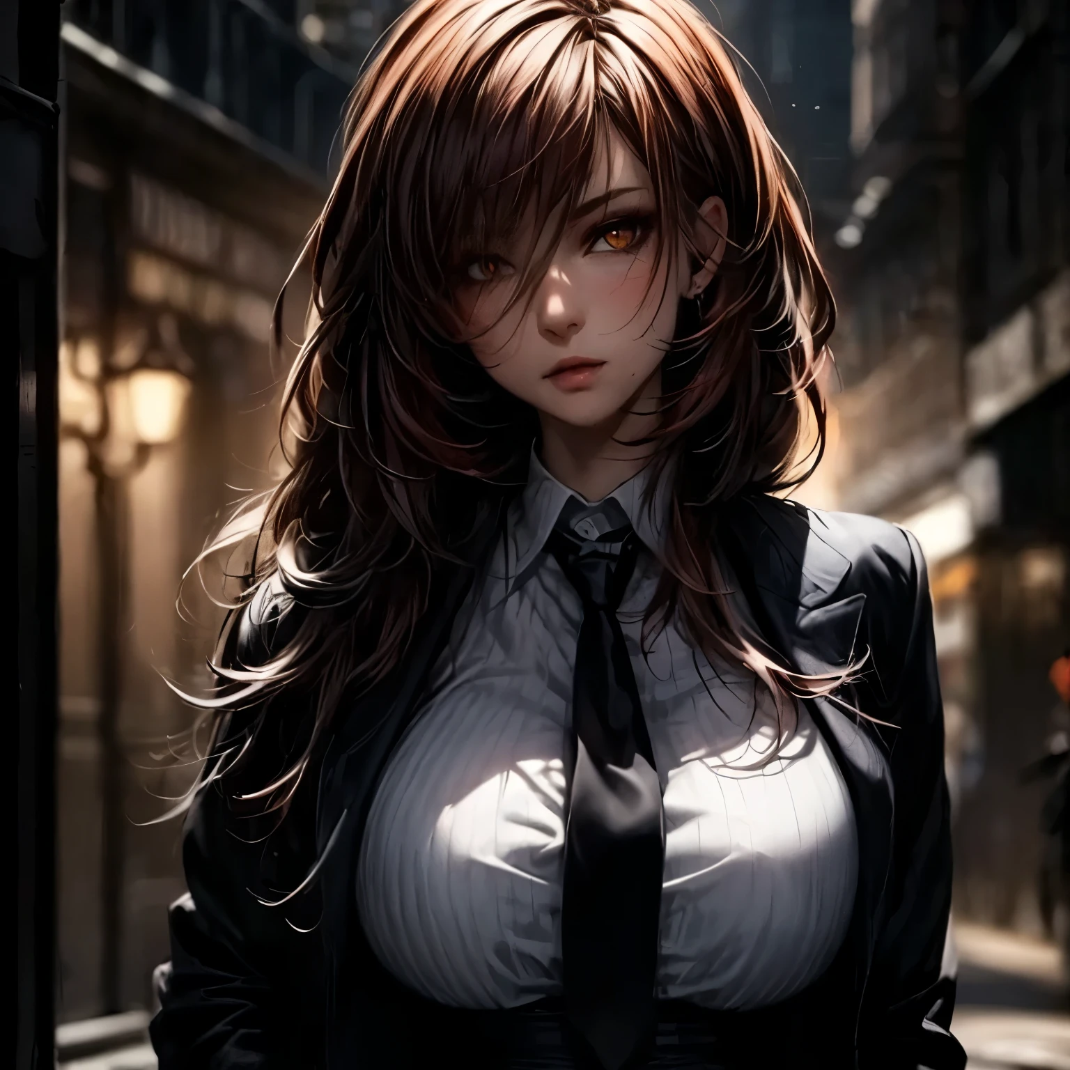 ((best quality)), ((Masterpiece)), ((Enrich the picture,Masterpiece level quality)), red hair, long hair, very big breasts, golden eyes, fierce woman, ultra eyes details, mafia boss, best quality, RAW 4K, Realistically, ( cinematic lighting, moody, textile shading), perfect proportions, ultra detailed, volumetric lighting, soft lighting, glossy skin, beautiful face, Special face details, strong emotions, elegant gesture, Detailed facial features, Long eyelashes, contrast, Incredible atmosphere, Fascinating setting, Haunting beauty , sexy mini white shirt , mafia suit , necktie , mini black skirt , around mafia ,