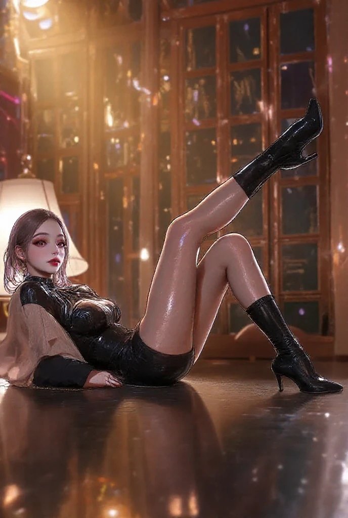 korean idol mature woman ((Chubby round face arafe)) blonde short hair wavy hair flashy makeup gloss pink lip sexy gaze Glossy Enamel Leather Black Bodycon Dress、black stockings beautiful stage lighting Woman with a glamorous atmosphere ((Clothes)) looking at camera Low angle shooting Duck mouth enamel knee high boots