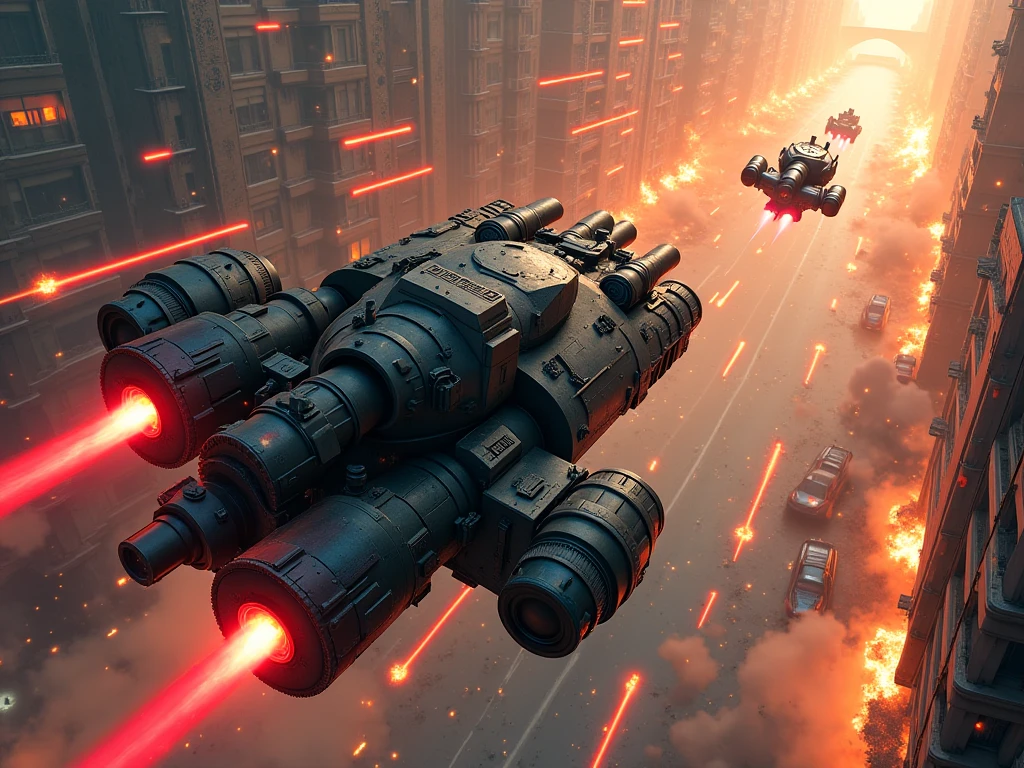 A Cyberpunk Gunfight, war vehicles, anime, aerial view, top angle, destroyed city, laser shots everywhere, explosion everywhere.